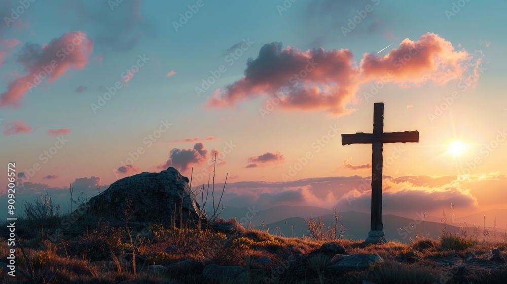 A Christian cross stands tall on a hill as the sun sets in the distance, providing a beautiful and peaceful scene A Christian cross stands tall on a hill as the sun sets in the distance, providing a beautiful and peaceful scene