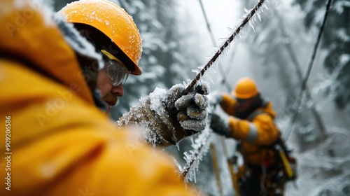 A worker grips a rope tightly in a snowy environment, dressed in heavy winter gear, portraying the struggle and determination of labor in harsh, cold conditions. photo