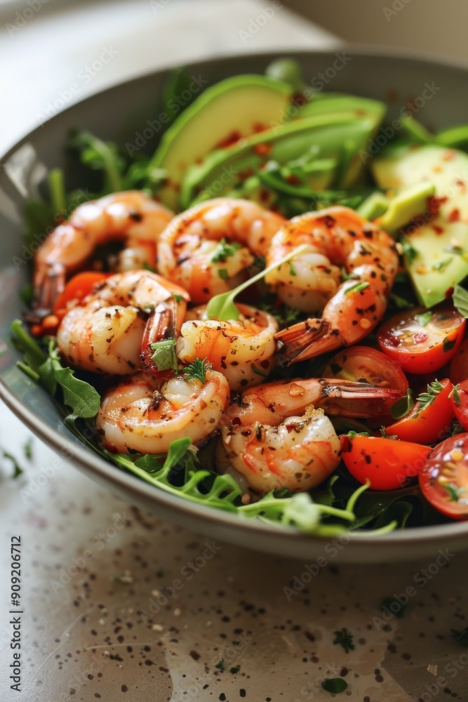 Enjoy a summer salad with shrimp, avocado, and cherry tomatoes, beautifully arranged in a bowl Enjoy a summer salad with shrimp, avocado, and cherry tomatoes, beautifully arranged in a bowl