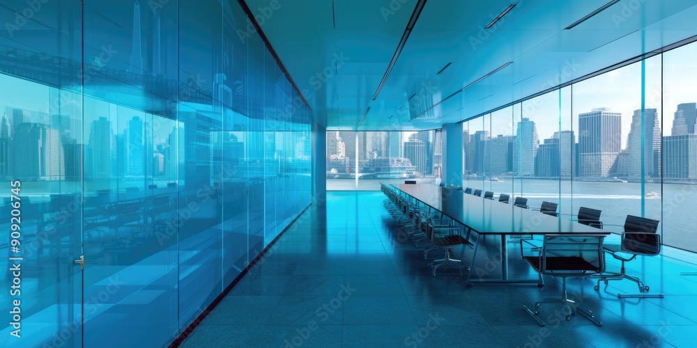 Fototapeta premium Modern conference room with a city view, perfect for business meetings and presentations
