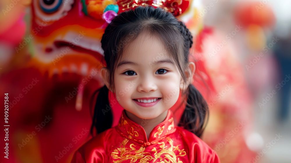 A little girl in a traditional red Chinese dress smiles next to a colorful dragon decoration. Ideal for celebrating Chinese New Year and cultural festivities. A little girl in a traditional red Chinese dress smiles next to a colorful dragon decoration. Ideal for celebrating Chinese New Year and cultural festivities.