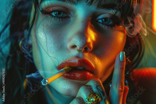 A woman holding a cigarette in her mouth