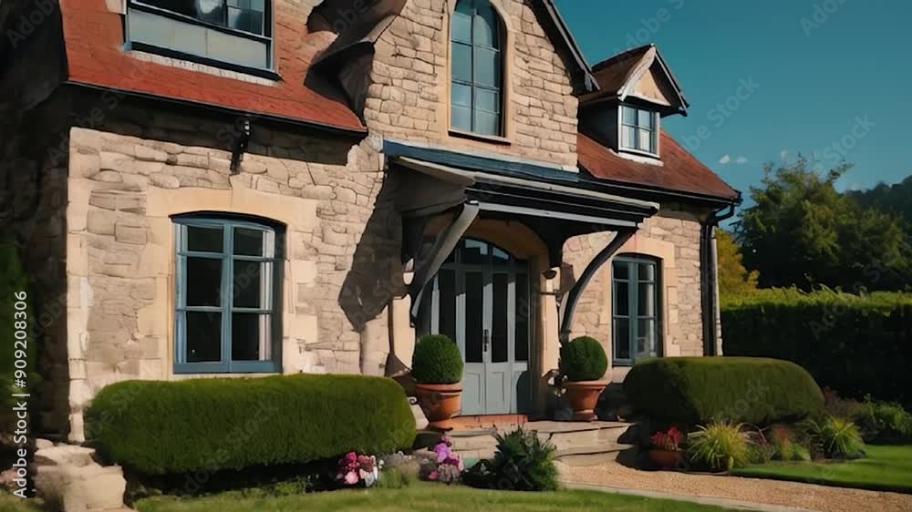 Stone House with Grey Doors and Windows, Lush Garden, and Potted Plants Stone House with Grey Doors and Windows, Lush Garden, and Potted Plants