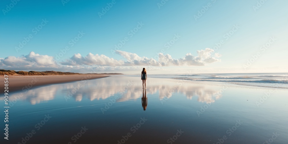 Solitude on the Shore: A solitary figure walks along a tranquil beach, their reflection mirrored in the calm waters, creating a serene and introspective scene against the backdrop of a vast, blue sky Solitude on the Shore: A solitary figure walks along a tranquil beach, their reflection mirrored in the calm waters, creating a serene and introspective scene against the backdrop of a vast, blue sky