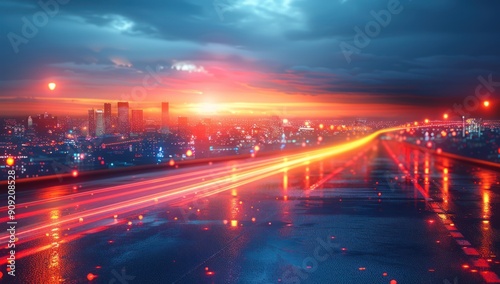 Cityscape at Sunset with Streaks of Light