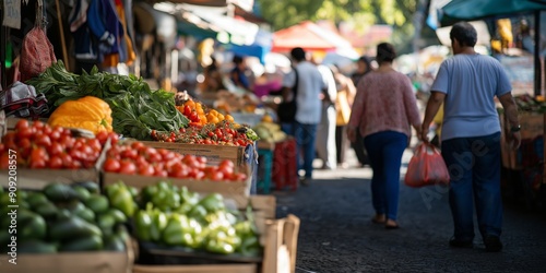 Vibrant Marketplace Hustle: A bustling scene of shoppers browsing fresh produce at a local farmers market, capturing the essence of community and sustainable living.