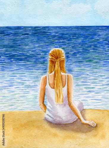 Girl on sandy beach by the sea