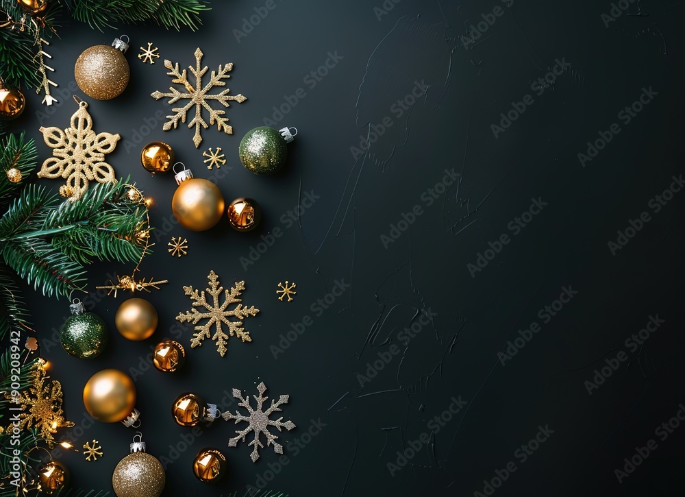 Christmas decorations with gold and green baubles, glittering snowflakes and pine branches on dark background. Festive design perfect for holiday cards, banners and posters. Christmas decorations with gold and green baubles, glittering snowflakes and pine branches on dark background. Festive design perfect for holiday cards, banners and posters.