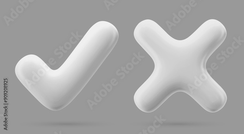 white sign Yes and No 3d icon. Cross and the checkmark. Isolated object on a grey background