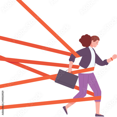 Business woman trying break red tape barrier