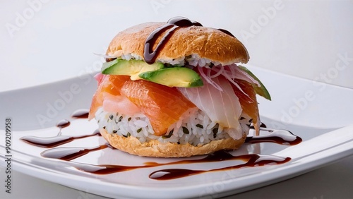 A visually engaging sushi burger on a white plate, featuring layers of rice, salmon, and avocado, topped with sauce. photo