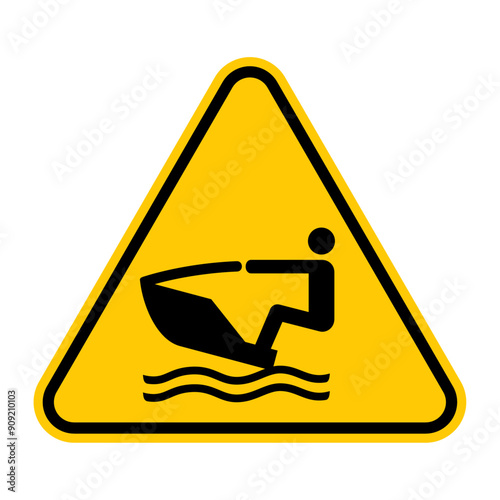 Personal water craft warning sign. Vector illustration of yellow triangle sign with jet ski icon inside.  Water scooter safety symbol. High risk of collision with people in water. Caution.