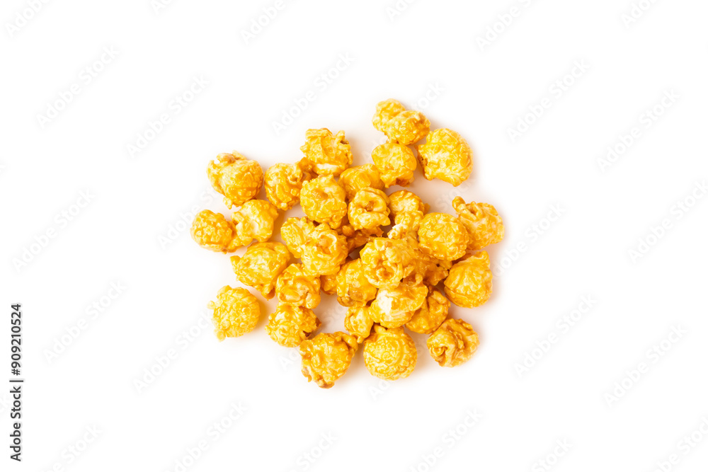 Sweet caramel popcorn isolated on white background. Salted caramel popcorn. Caramel sauce. Close up. Topping. Sweet caramel popcorn isolated on white background. Salted caramel popcorn. Caramel sauce. Close up. Topping.