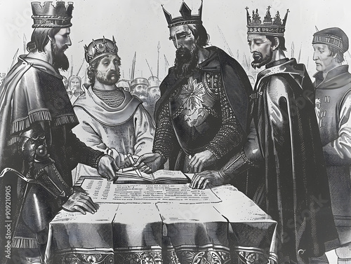 Historic moment as King John reluctantly signs the Magna Carta, limiting his own power. photo