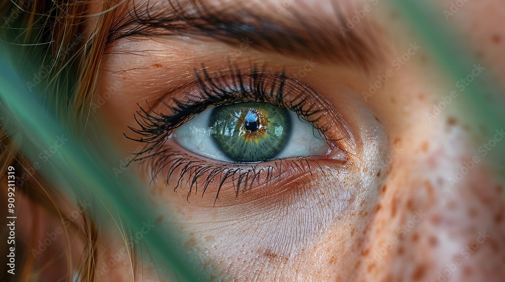 Fototapeta premium A close-up of a woman's eye with freckles on her face and freckles on the outside of her eye