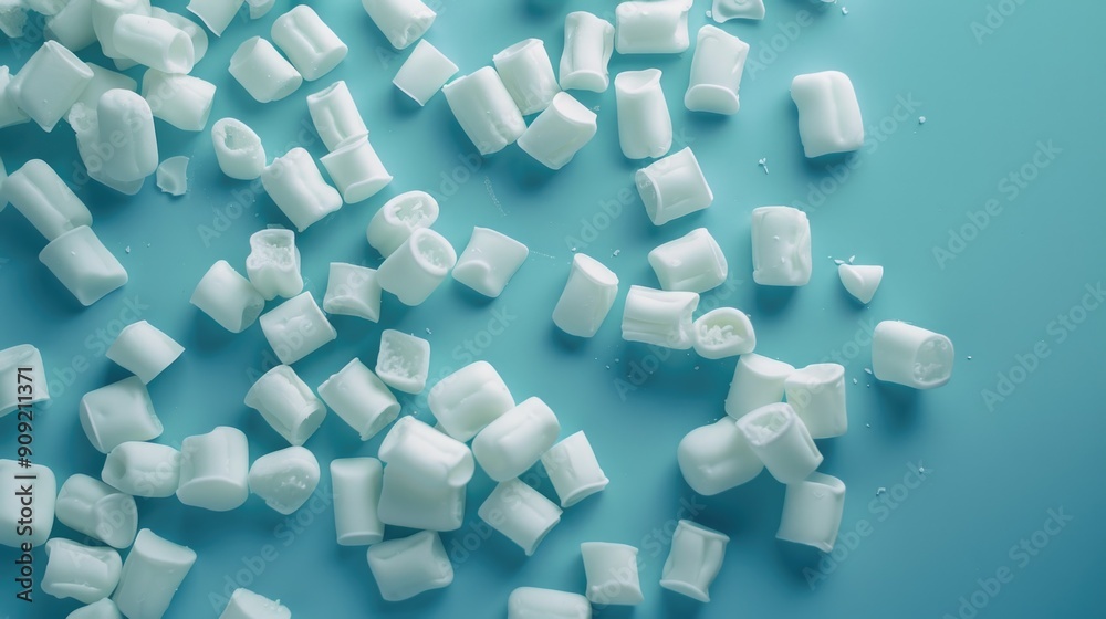 A pile of white sugar cubes sits neatly on a blue surface, ready to be used A pile of white sugar cubes sits neatly on a blue surface, ready to be used