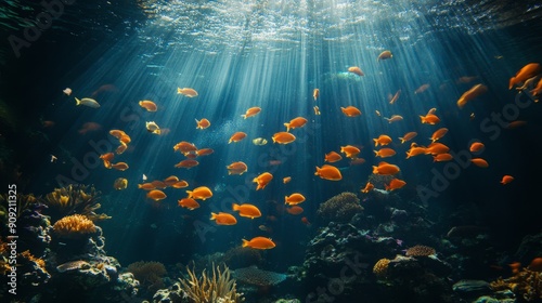 Vibrant underwater scene of a coral reef with colorful corals and fish. Ideal for marine life themes, ocean conservation, and nature backgrounds photo