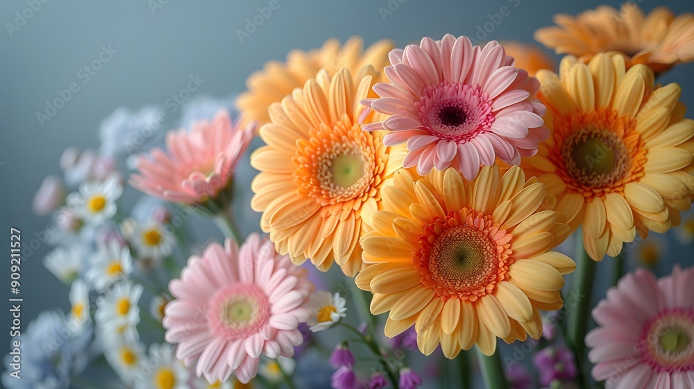 Fototapeta premium A bouquet of flowers with a variety of colors including pink, orange, and yellow. The flowers are arranged in a vase and are placed on a table. Scene is cheerful and vibrant