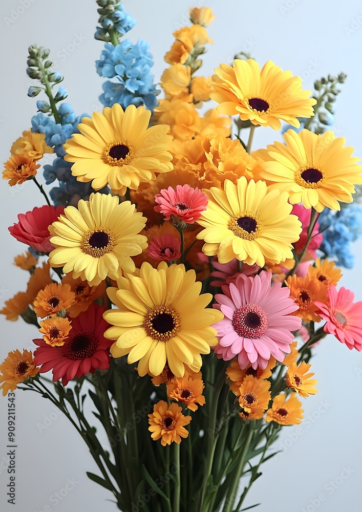 A bouquet of flowers with a variety of colors including yellow, pink, and blue. The flowers are arranged in a vase and are placed on a white background. The bouquet gives off a cheerful A bouquet of flowers with a variety of colors including yellow, pink, and blue. The flowers are arranged in a vase and are placed on a white background. The bouquet gives off a cheerful