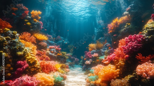Vibrant underwater scene of a coral reef with colorful corals and fish. Ideal for marine life themes  ocean conservation  and nature backgrounds