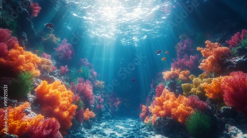 Vibrant underwater scene of a coral reef with colorful corals and fish. Ideal for marine life themes  ocean conservation  and nature backgrounds