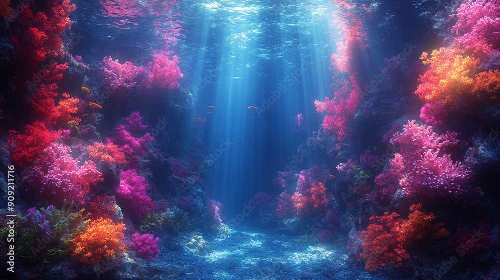 Fototapeta premium Vibrant underwater scene of a coral reef with colorful corals and fish. Ideal for marine life themes, ocean conservation, and nature backgrounds