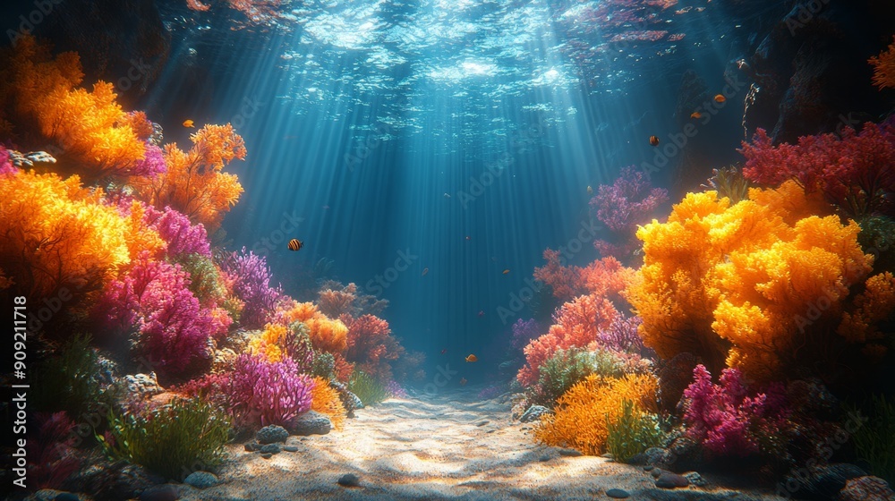 Fototapeta premium Vibrant underwater scene of a coral reef with colorful corals and fish. Ideal for marine life themes, ocean conservation, and nature backgrounds