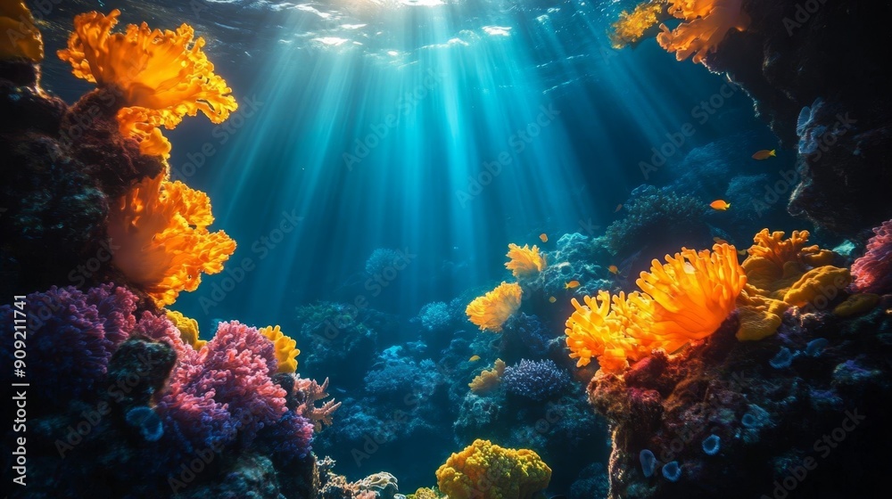 Fototapeta premium Vibrant underwater scene of a coral reef with colorful corals and fish. Ideal for marine life themes, ocean conservation, and nature backgrounds