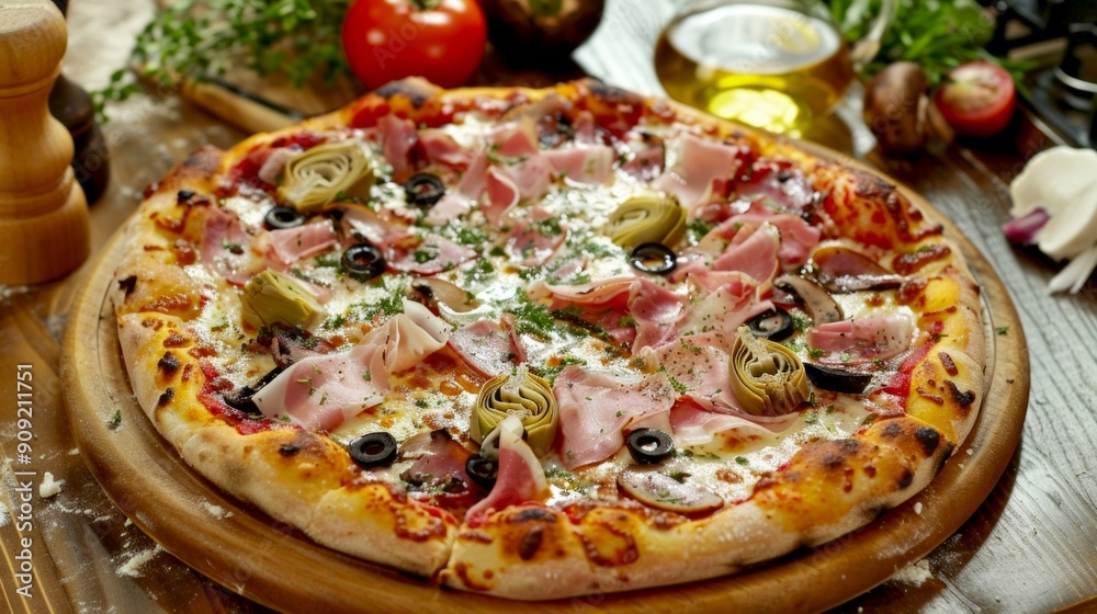 Delicious pizza with ham, olives, and artichokes on a wooden table. Tasty and colorful meal. Perfect for food bloggers, chefs and dining articles. Ideal for culinary websites and prints. AI Delicious pizza with ham, olives, and artichokes on a wooden table. Tasty and colorful meal. Perfect for food bloggers, chefs and dining articles. Ideal for culinary websites and prints. AI