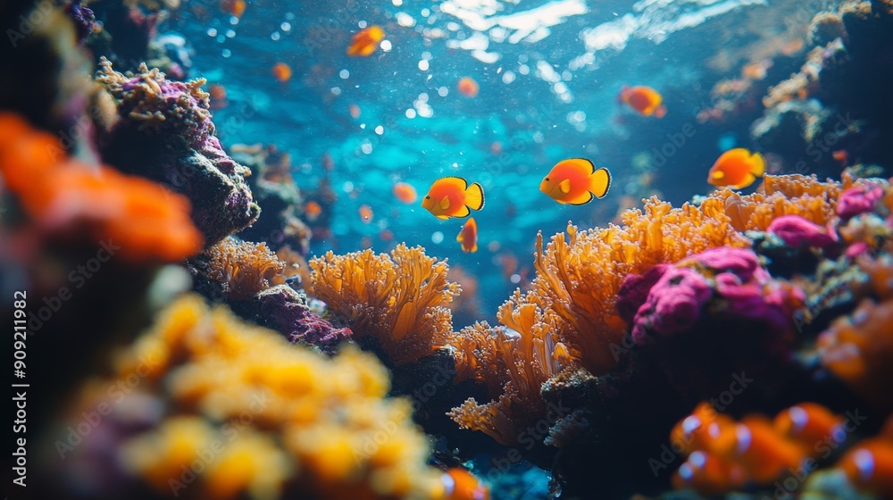 Vibrant underwater scene of a coral reef with colorful corals and fish. Ideal for marine life themes, ocean conservation, and nature backgrounds