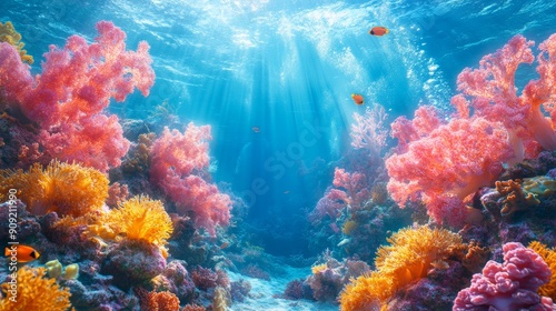 Vibrant underwater scene of a coral reef with colorful corals and fish. Ideal for marine life themes, ocean conservation, and nature backgrounds