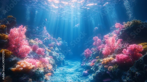 Vibrant underwater scene of a coral reef with colorful corals and fish. Ideal for marine life themes, ocean conservation, and nature backgrounds