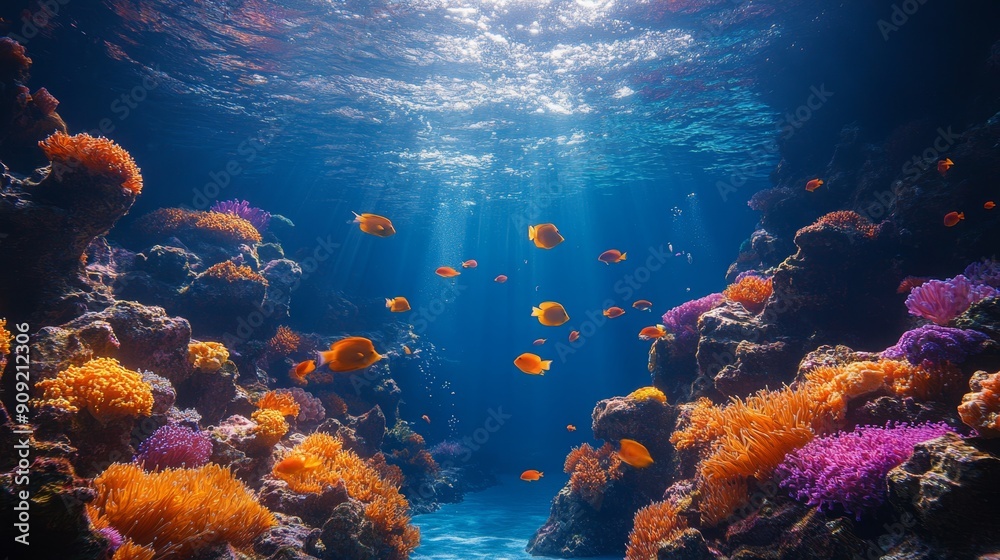 Fototapeta premium Vibrant underwater scene of a coral reef with colorful corals and fish. Ideal for marine life themes, ocean conservation, and nature backgrounds