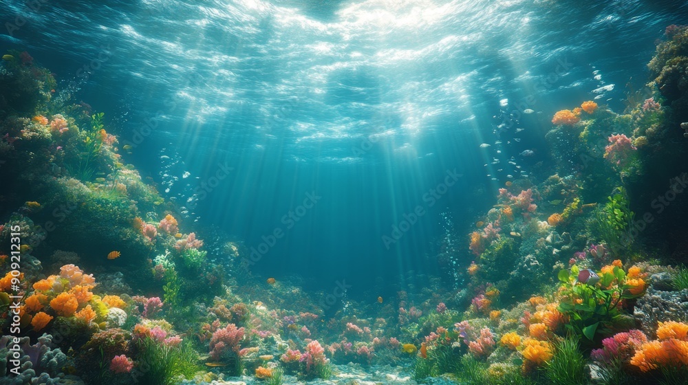 Fototapeta premium Vibrant underwater scene of a coral reef with colorful corals and fish. Ideal for marine life themes, ocean conservation, and nature backgrounds