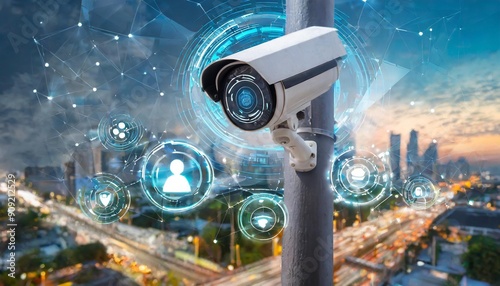 Modern surveillance camera monitoring urban environment with digital data overlay, enhancing security and safety in city.