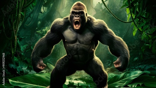 Aggressive Gorilla in Dense Jungle: Screaming King Kong in Forest. A fierce and aggressive gorilla in the jungle, roaring with intense fury. This powerful King Kong-like figure stands out 