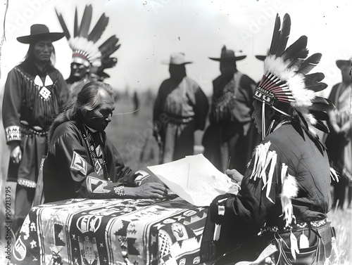 Historic event with Native Americans and U.S. officials signing treaty at Fort Laramie, establishing peace. photo