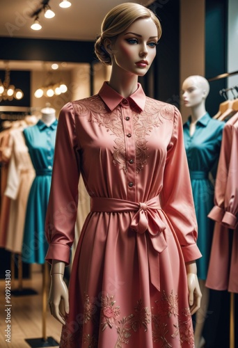 beautiful chic velvet shirtdress set on mannequins with stands on clothes shop background.