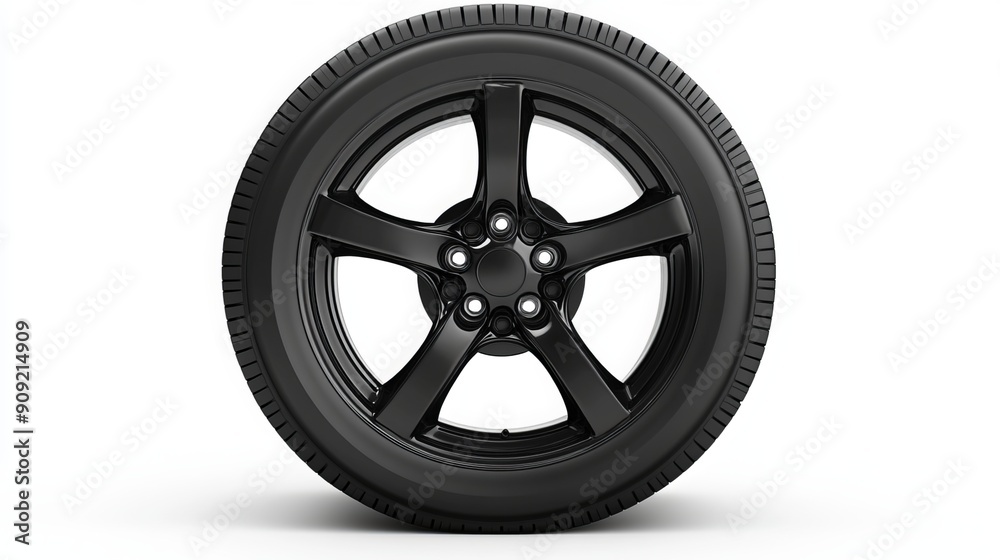Fototapeta premium A black tire with a wheel isolated on a white background.