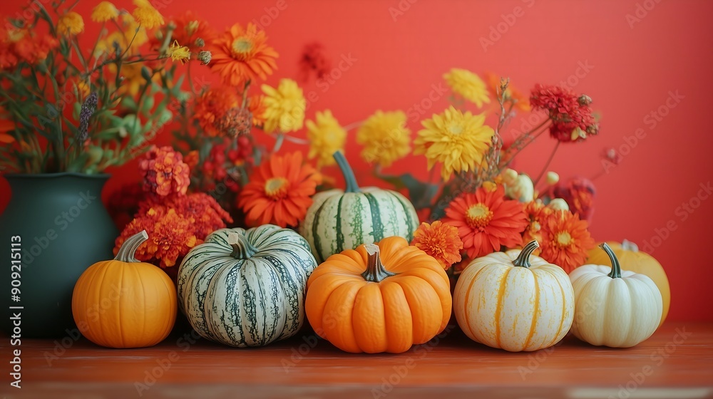 A festive autumn display of pumpkins on a vibrant orange background, showcasing the seasonal harvest, colorful A festive autumn display of pumpkins on a vibrant orange background, showcasing the seasonal harvest, colorful