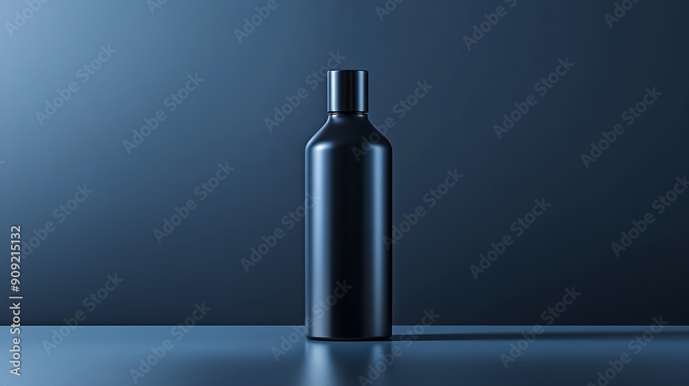 A single black bottle stands on a blue surface. A single black bottle stands on a blue surface.