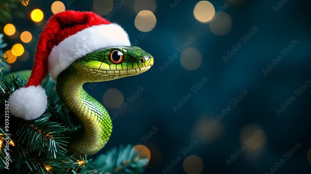 Fototapeta premium A Yellow and green snake in Santa's hat on a New Year's background. The symbol of the New Year 2025. 