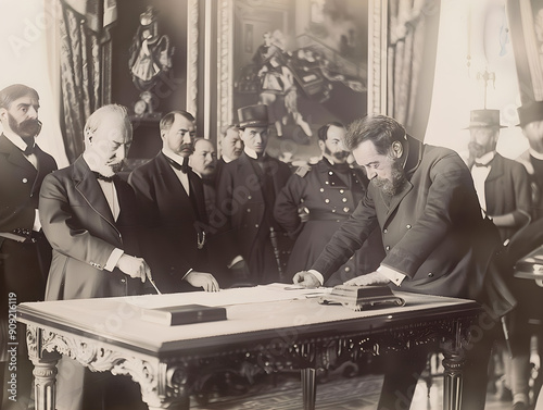 Historical document signing ceremony with men in suits and flags, marking the end of war.