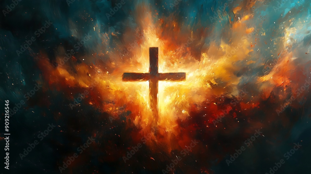 An abstract scene where a cross shines brightly against a backdrop of vibrant chaos, with splashes of color and fragmented elements surrounding it, creating a sense of peace and stability An abstract scene where a cross shines brightly against a backdrop of vibrant chaos, with splashes of color and fragmented elements surrounding it, creating a sense of peace and stability