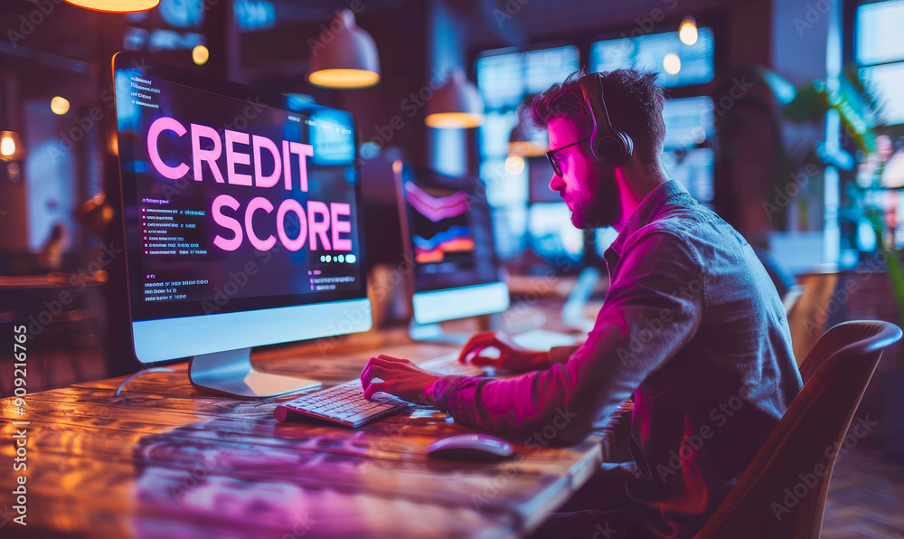Businessman Analyzing Credit Score on Computer at Modern Office During Evening, Financial Assessment, Improving Creditworthiness Strategy Concept Businessman Analyzing Credit Score on Computer at Modern Office During Evening, Financial Assessment, Improving Creditworthiness Strategy Concept