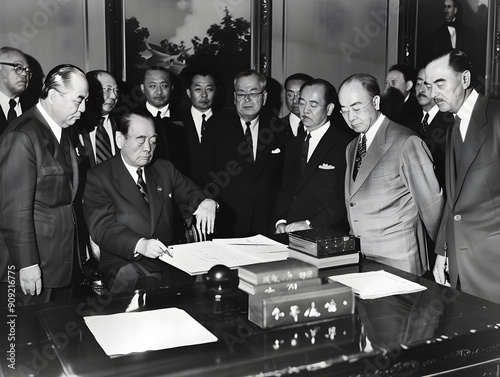 Historic moment as dignitaries gather to sign the Treaty of San Francisco in formal attire. photo