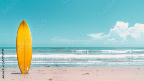Minimalist photography of a surfboard standing on a sandy beach under a clear sky.