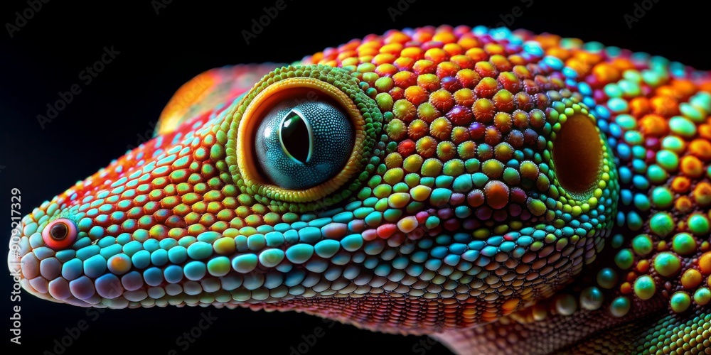 Obraz premium Close-Up of a Multicolored Gecko Eye, Macro Photography of a Reptile's Eye, Vibrant Reptile Skin Texture, Gecko Eye Macro Photography, reptile, gecko, macro