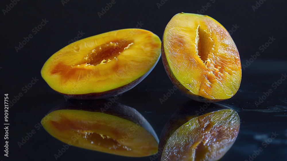 A couple of fruits on a black background with a reflection A couple of fruits on a black background with a reflection
