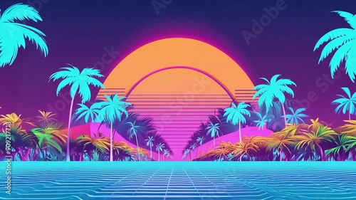 Tropical sunset with palm trees road and mountains. Neon abstract motion background with retro wave landscape. Electronic retro video clip cover. Vivid synthwave, vaporwave animation screensaver.
